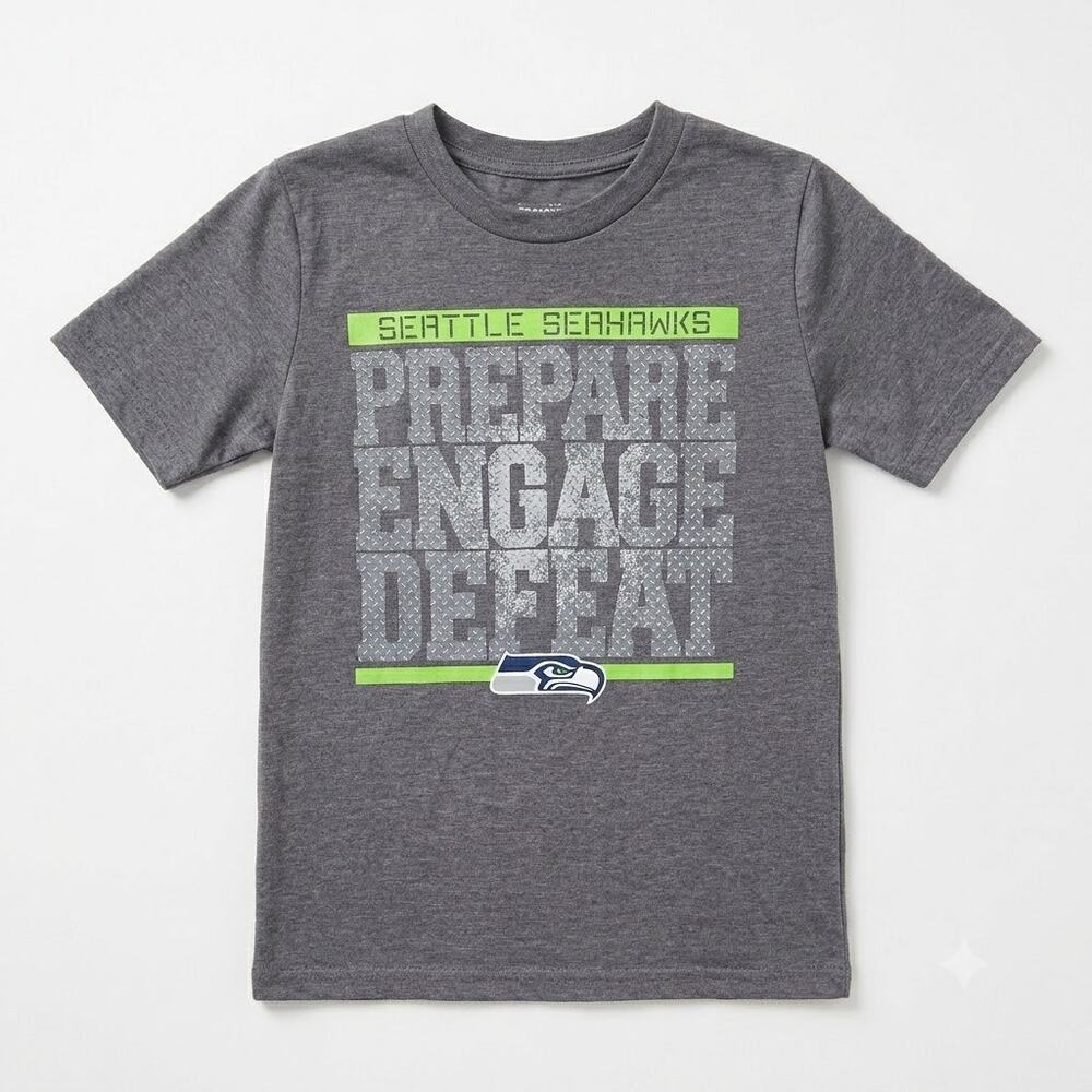 SEATTLE SEAHAWKS Prepare Engage Defeat Graphic Tee Gray NFL Cotton Boys Small 8